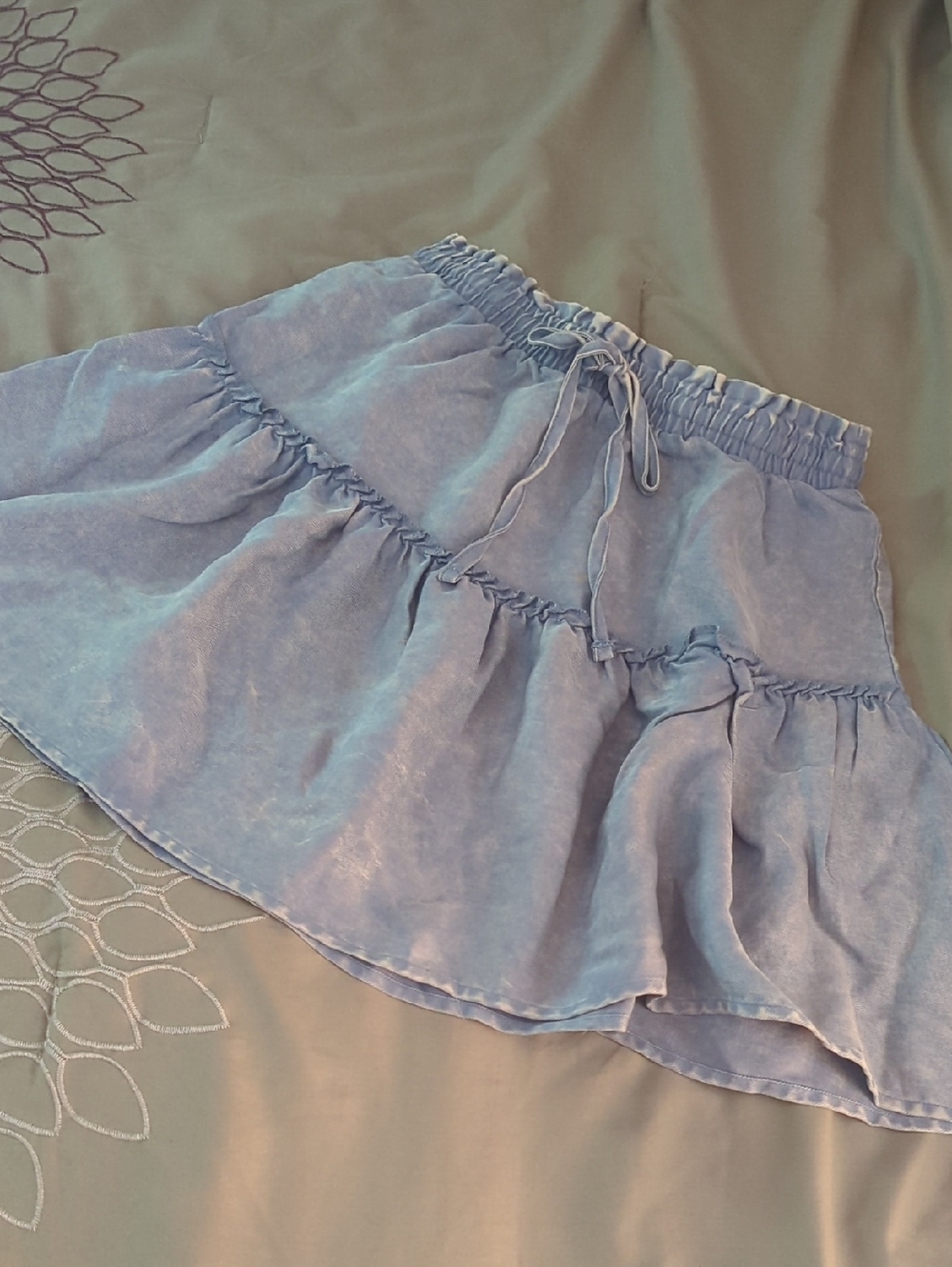 Zenana Outfitters Washed Light Blue Tiered Drawstring Mini Skirt